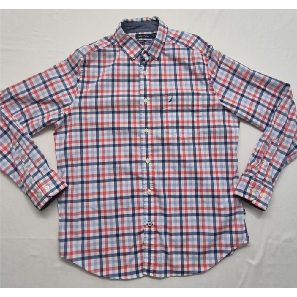 Nautica Classic Fit Stretch men's pink/wht/blue plaid long sleeve button up sz M - Picture 2 of 16
